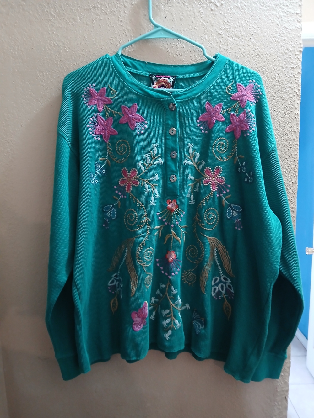 Johnny Was Teal Embroidered Floral Crewneck Sweater